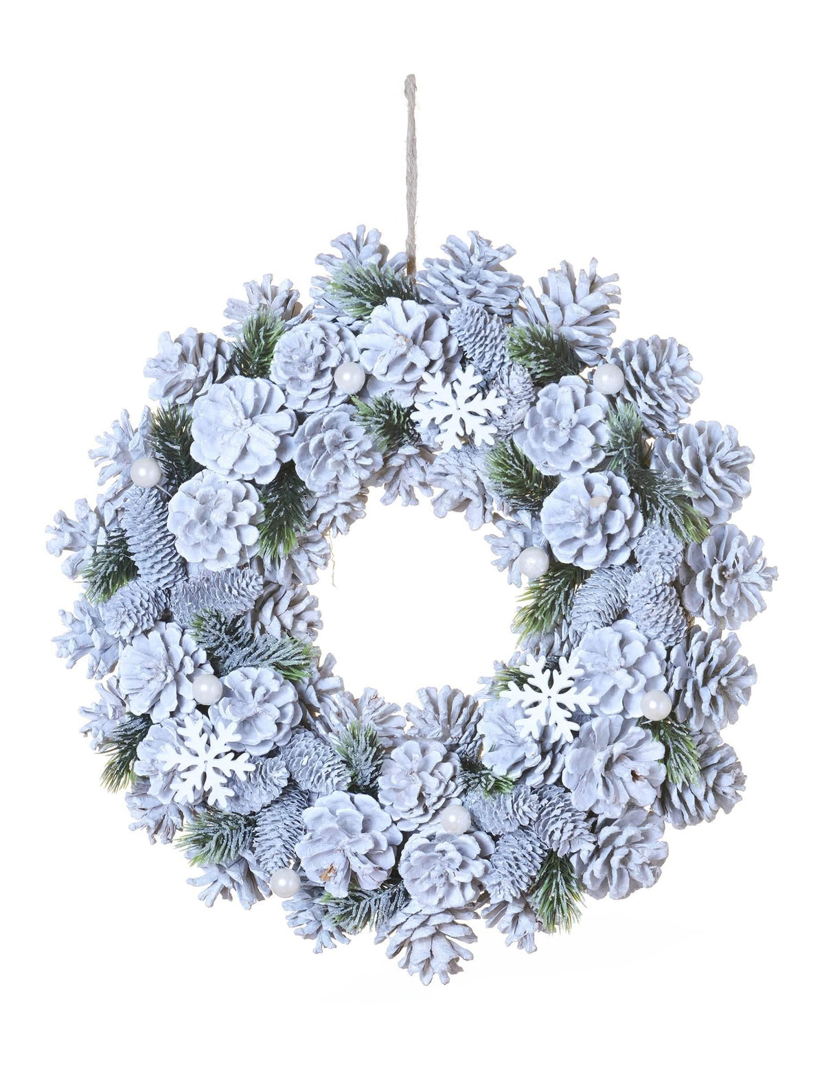 Couronne de noël pommes de pin et sapin enneigé pour la maison blanc givré avec flocons et perles