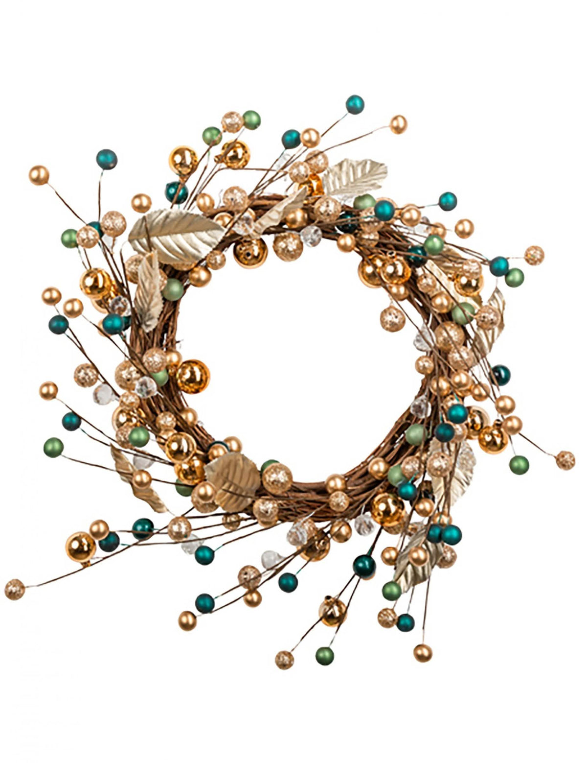 Couronne décorative branches et boules pailletées pour fête dorée et verte