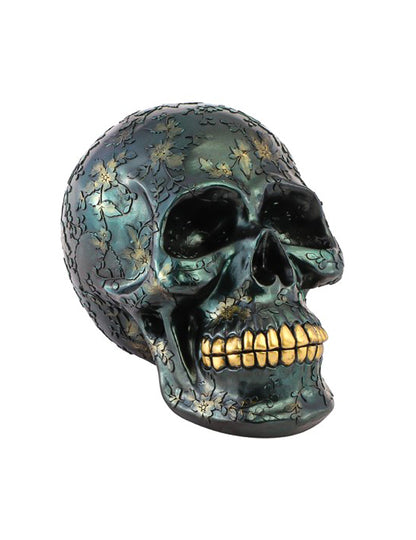 Decoratieve schedel van hars met iriserende groene bladeren 17 x 25 x 17,5 cm
