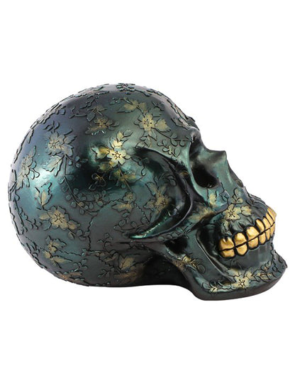Decoratieve schedel van hars met iriserende groene bladeren 17 x 25 x 17,5 cm