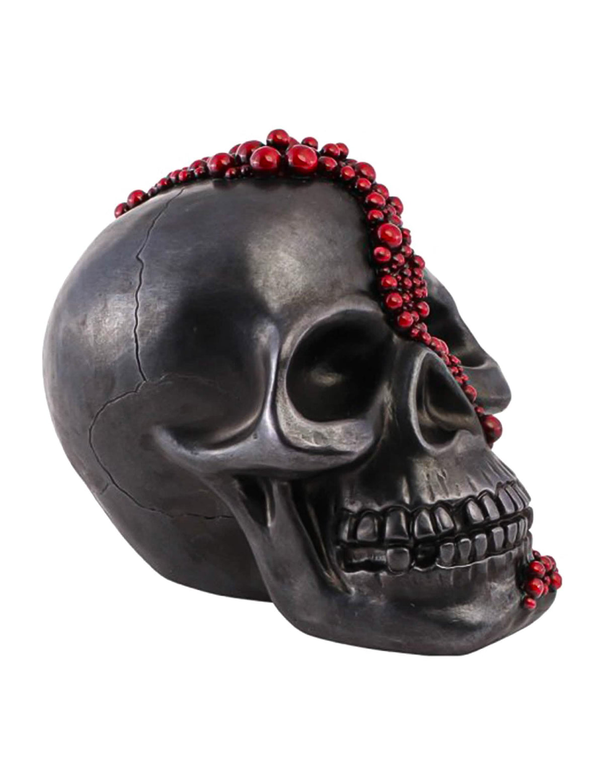 Crâne décoratif en résine noir avec perles rouge sang 15 x 23 x 18 cm