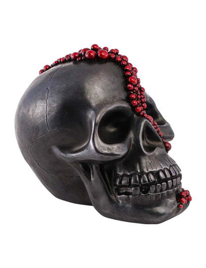 Crâne décoratif en résine noir avec perles rouge sang 15 x 23 x 18 cm