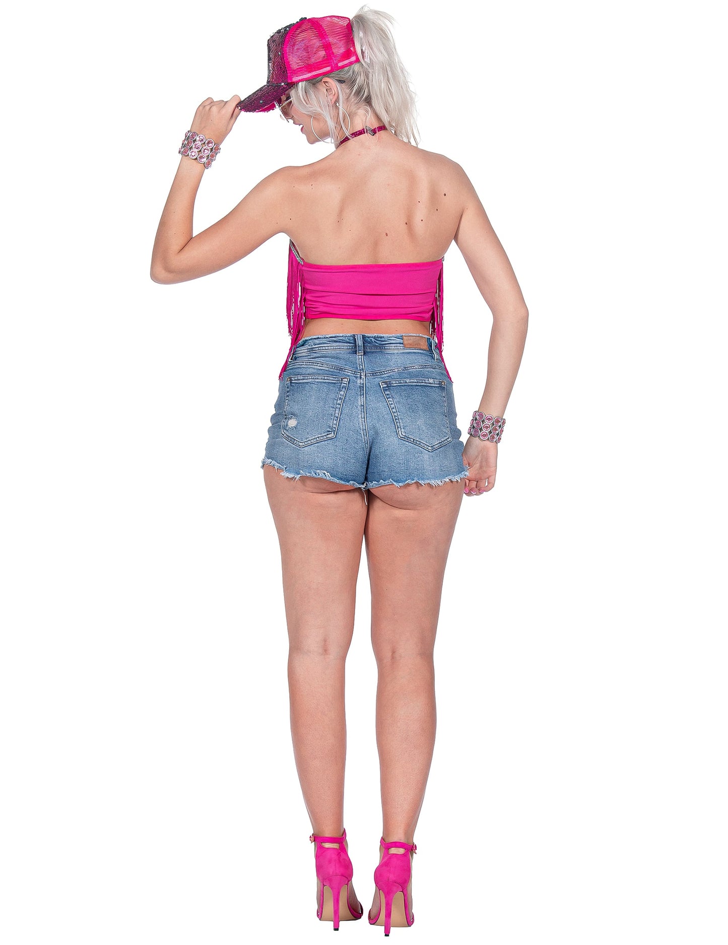 Crop-top festival à franges rose femme