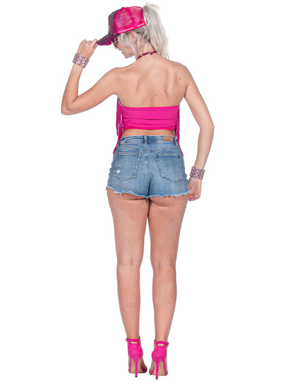 Crop-top festival à franges rose femme