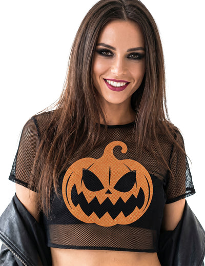Crop top résille noir avec citrouille adulte
