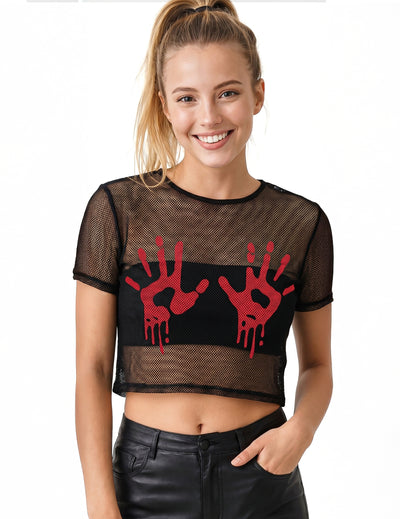 Crop top résille noir avec mains sanglantes adulte