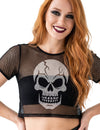 Zwarte netstof crop top met doodshoofd volwassenen