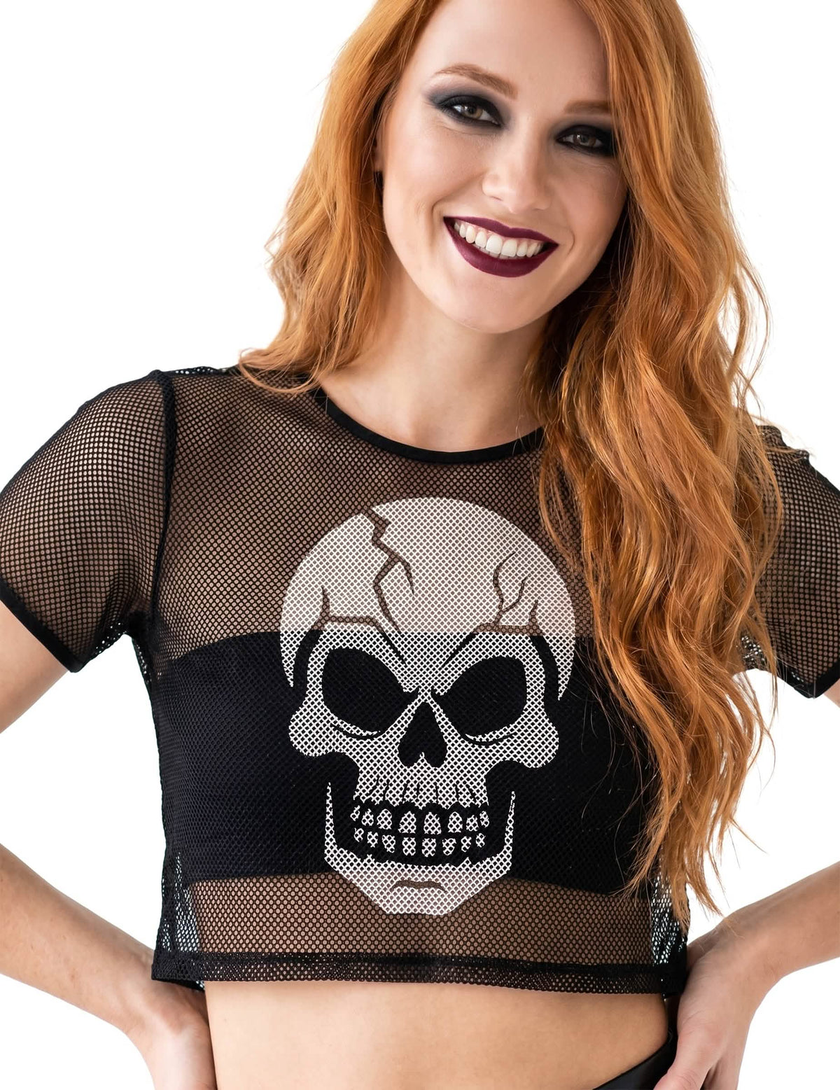 Crop top résille noir avec tête de mort adulte