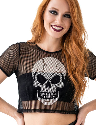 Crop top résille noir avec tête de mort adulte