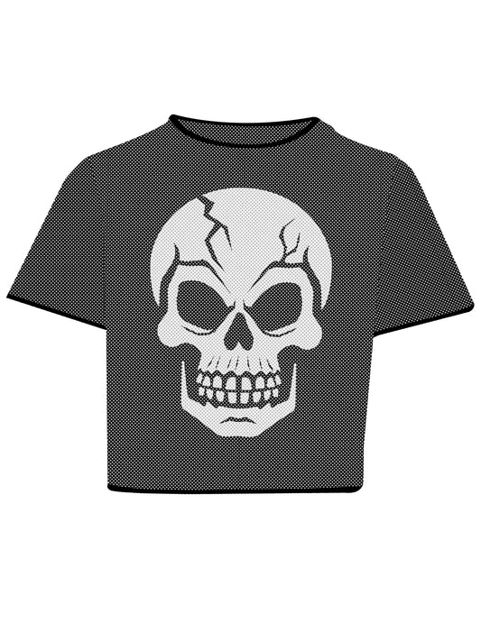 Crop top résille noir avec tête de mort adulte