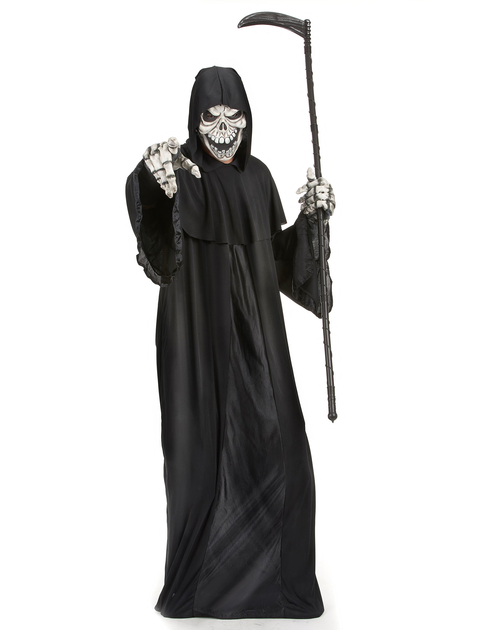 Déguisement de faucheuse pour homme noir avec masque de squelette et faux