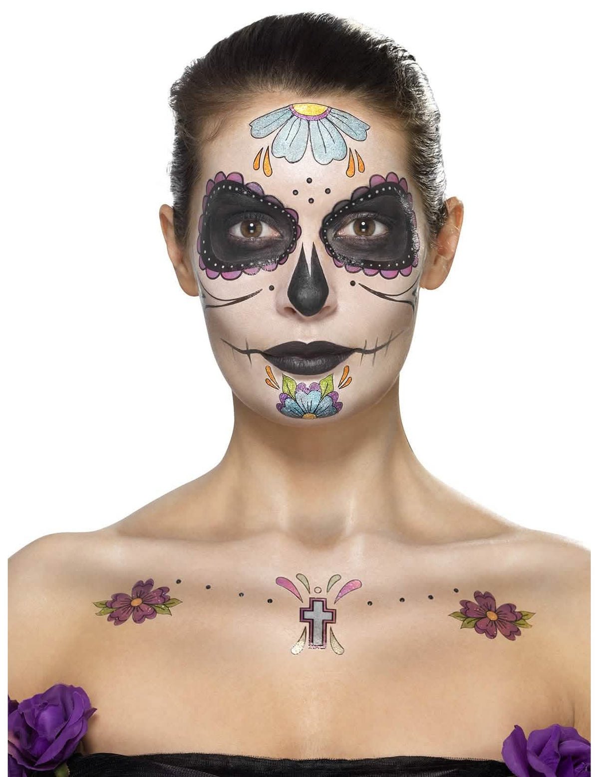 Vue d'ensemble van de inhoud van de schminkset Dia de los muertos voor dames blauwe bloemen