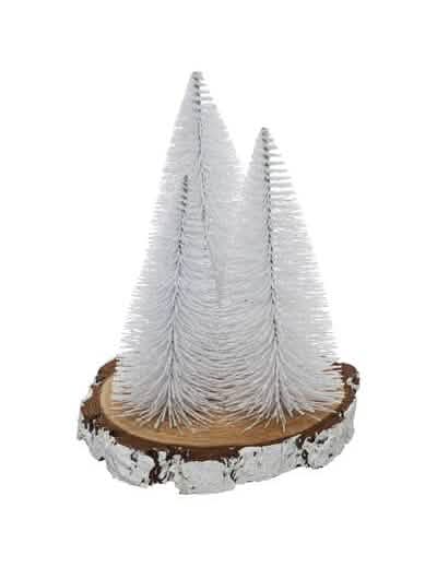 Décoration sapins blancs sur rondin pour centre de table blanc