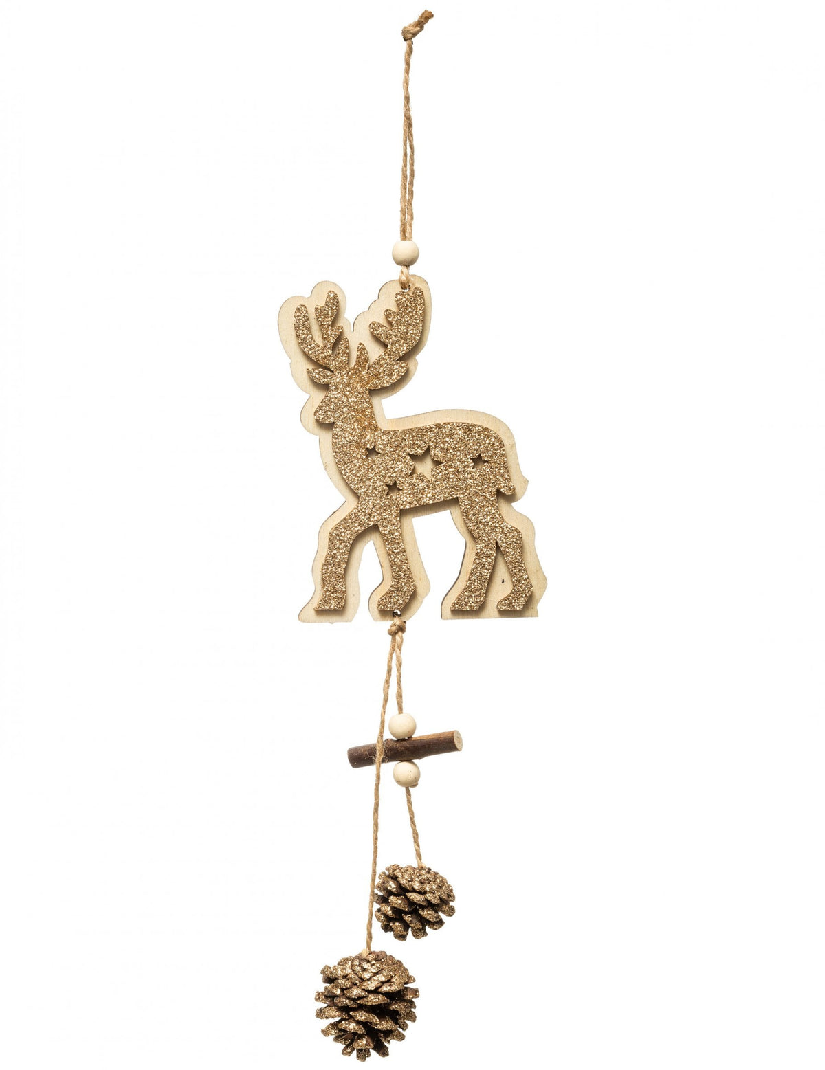 Décoration à suspendre renne pour Noël doré en bois et pommes de pin