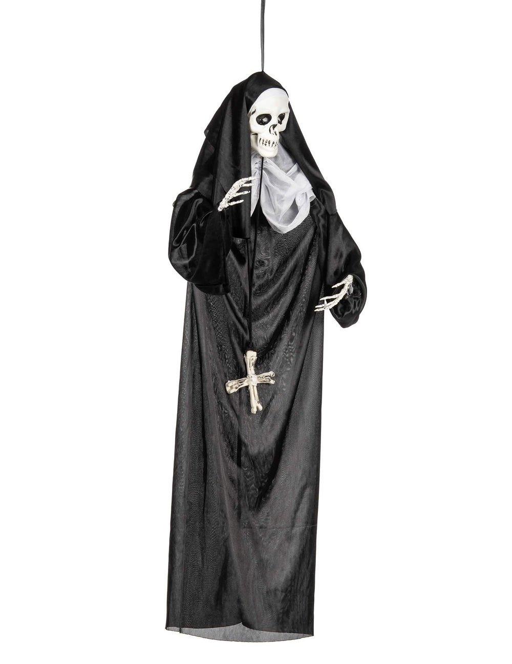 Décoration à suspendre nonne pour Halloween noire avec tête de squelette et croix d'os