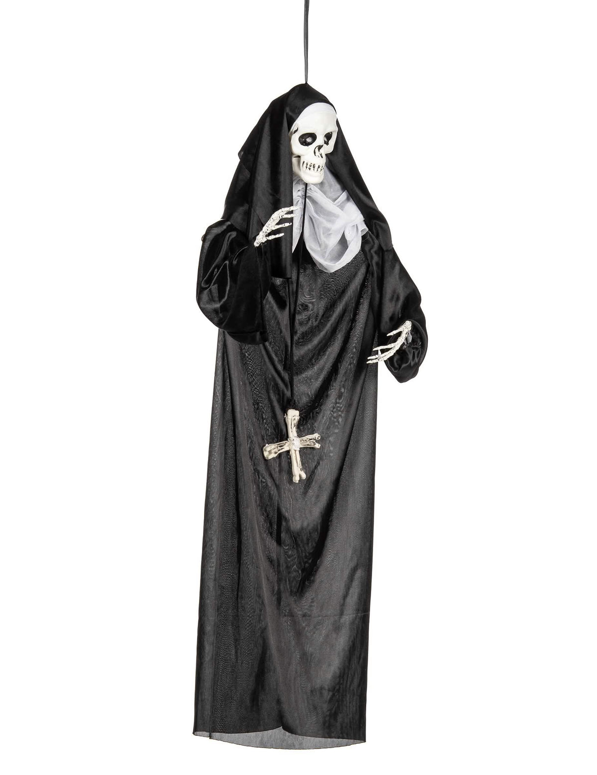 Décoration à suspendre nonne pour Halloween noire avec tête de squelette et croix d'os