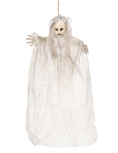 Décoration à suspendre poupon fantôme pour Halloween blanche avec dentelle et voilage