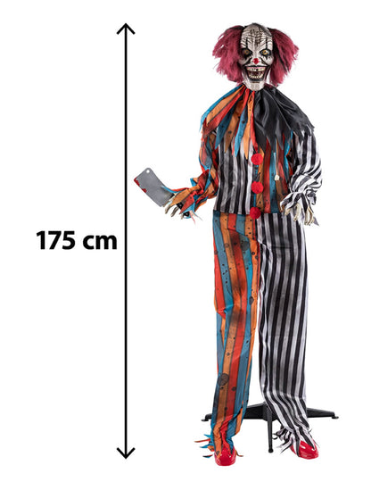Geanimeerde decoratie kwaadaardige slagersclown met bewegingen 175 cm
