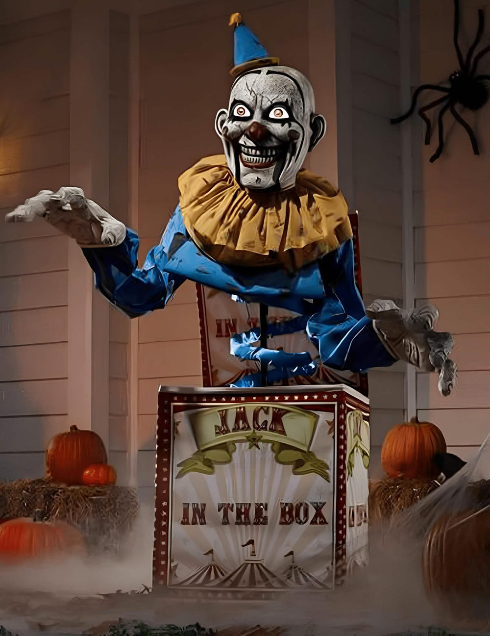 Décoration animée clown Jack in the box pour Halloween bleu et jaune