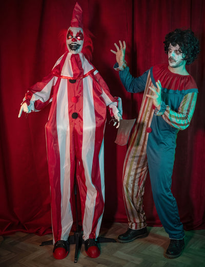 Geanimeerde decoratie kwaadaardige clown met bewegingen 170 cm