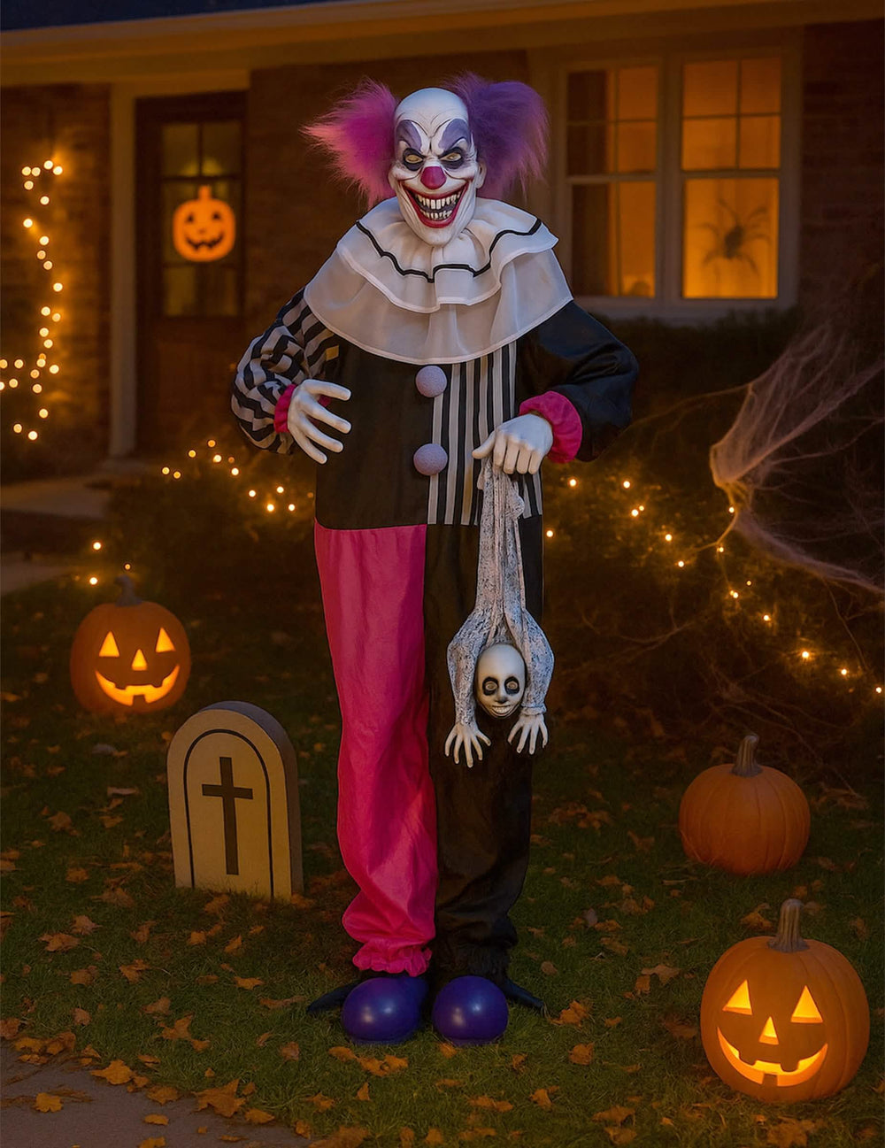 Décoration animée clown pour Halloween rose et noir sonore et lumineuse