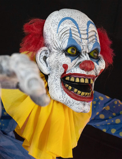 Geanimeerde clown-ingang decoratie met beweging, geluid en lichteffecten 290 cm