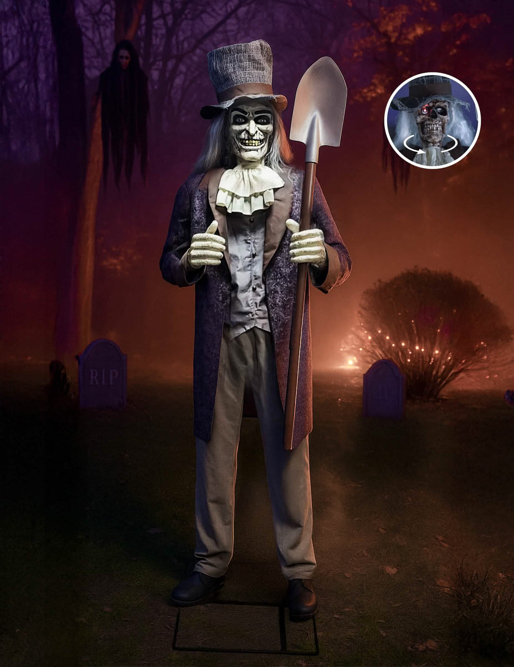 Décoration animée et sonore fossoyeur pour Halloween 200 cm avec une pelle et veste violette