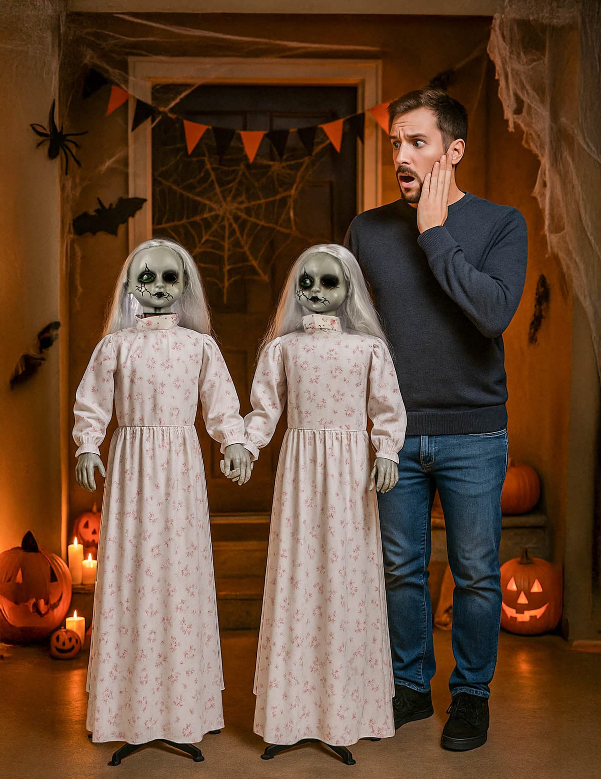 Décoration animée et sonore jumelles terrifiantes pour Halloween avec robes blanches à fleurs et cheveux gris