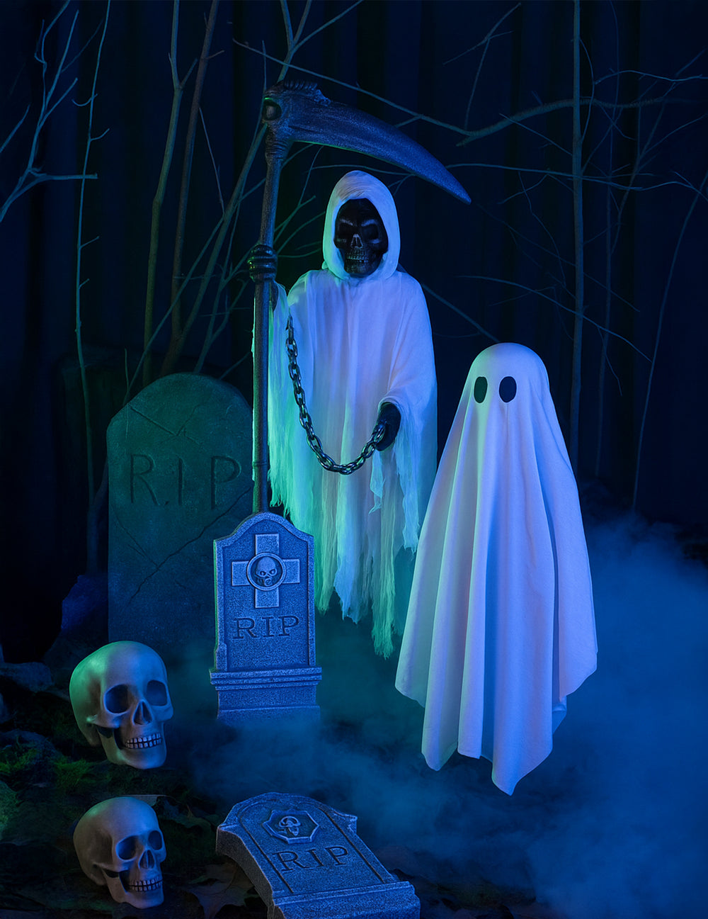 Décoration animée faucheuse pour Halloween blanche avec faux