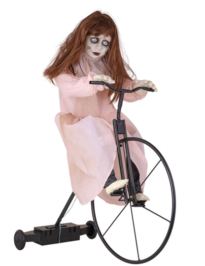 Décoration animée fillette possédée sur vélo pour Halloween robe rose avec mouvement