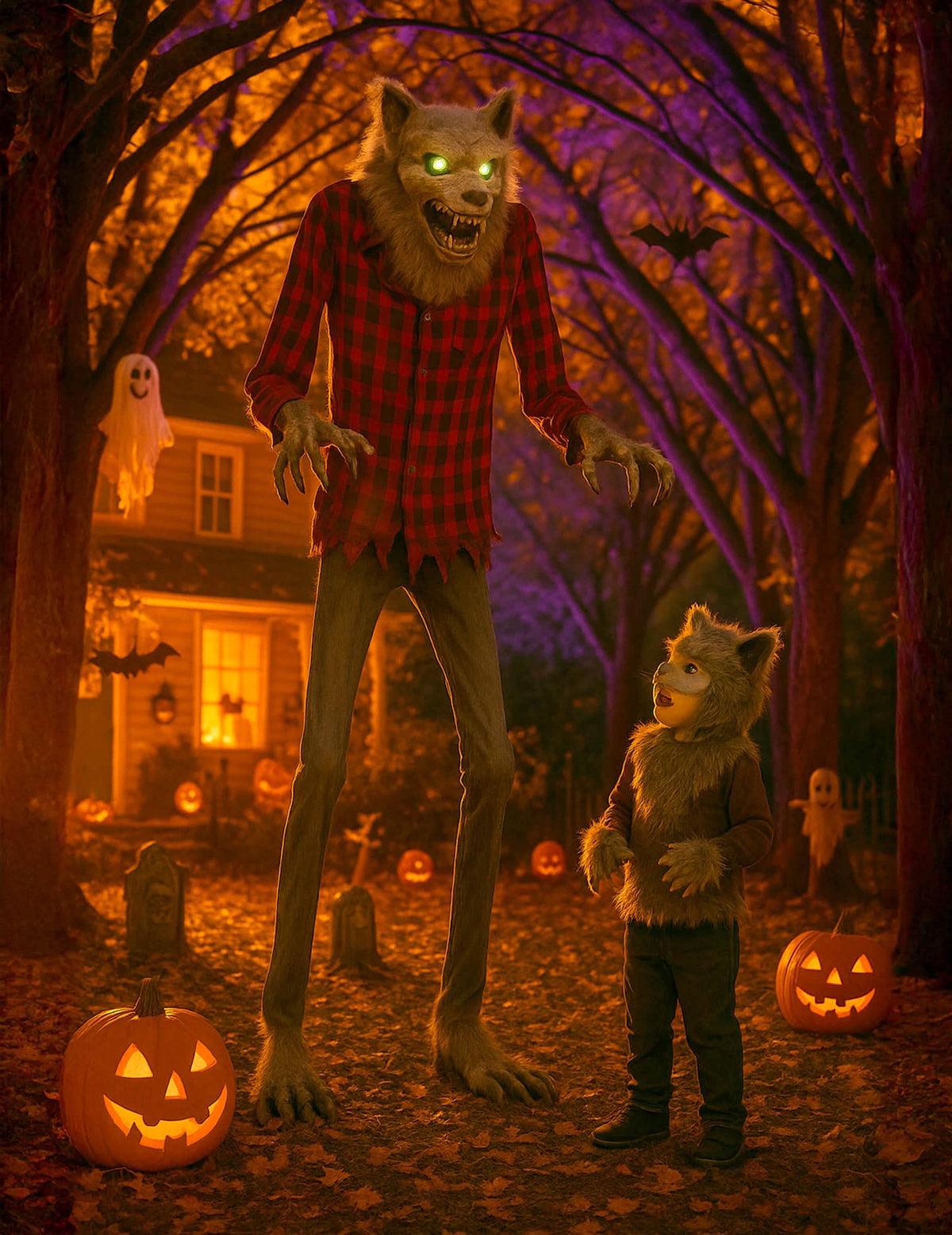 bewegende decoratie woeste weerwolf voor halloween met rood geruite overhemd en lichtgevende ogen