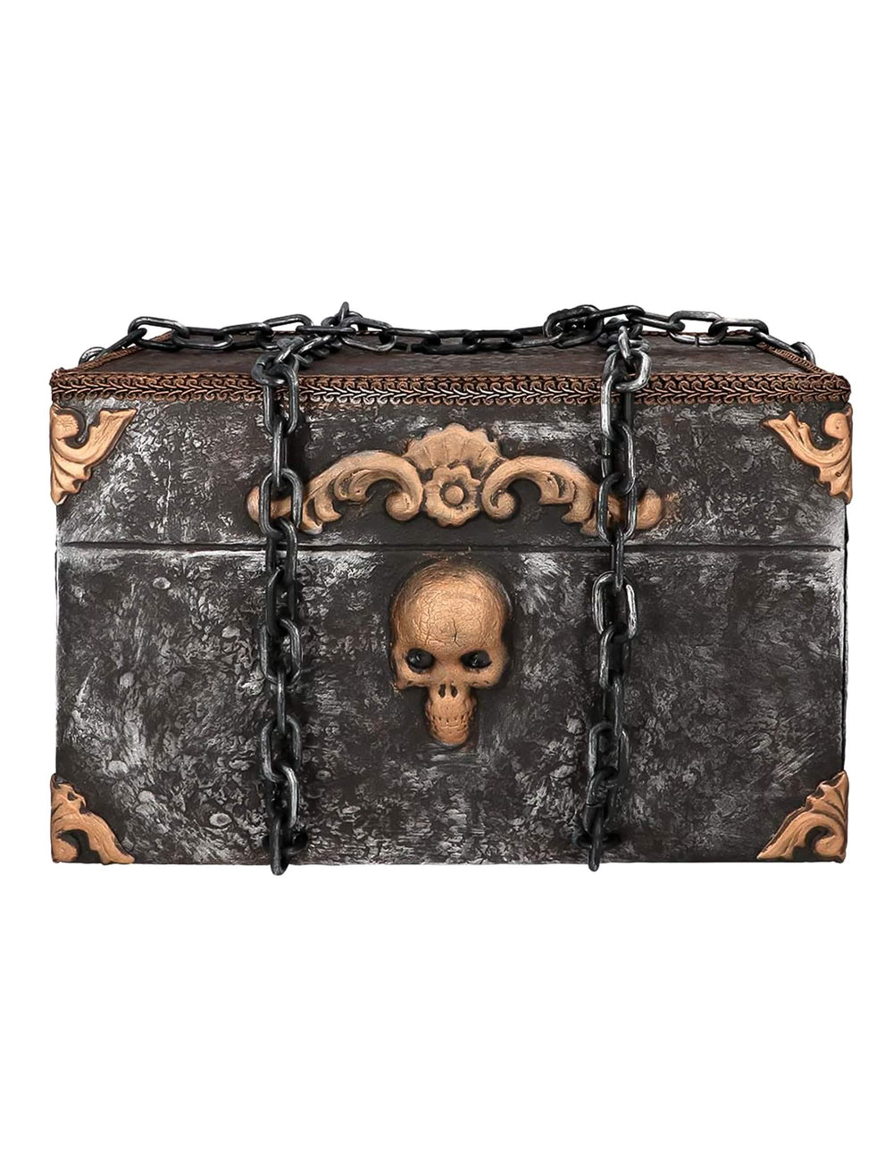 Détail du crâne doré et des chaînes de la Décoration animée sonore et lumineuse Coffre de Pirate Horreur