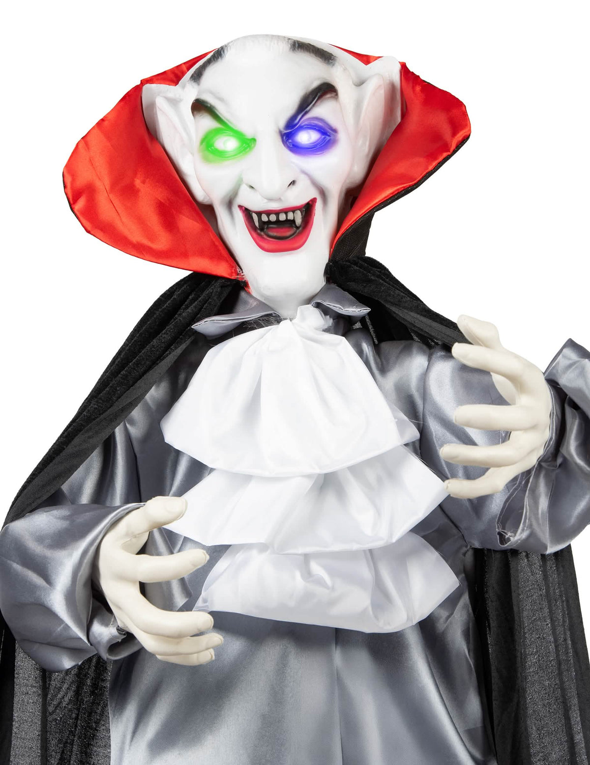 Gros plan sur le visage et le jabot de la décoration animée sonore et lumineuse Vampire Souriant
