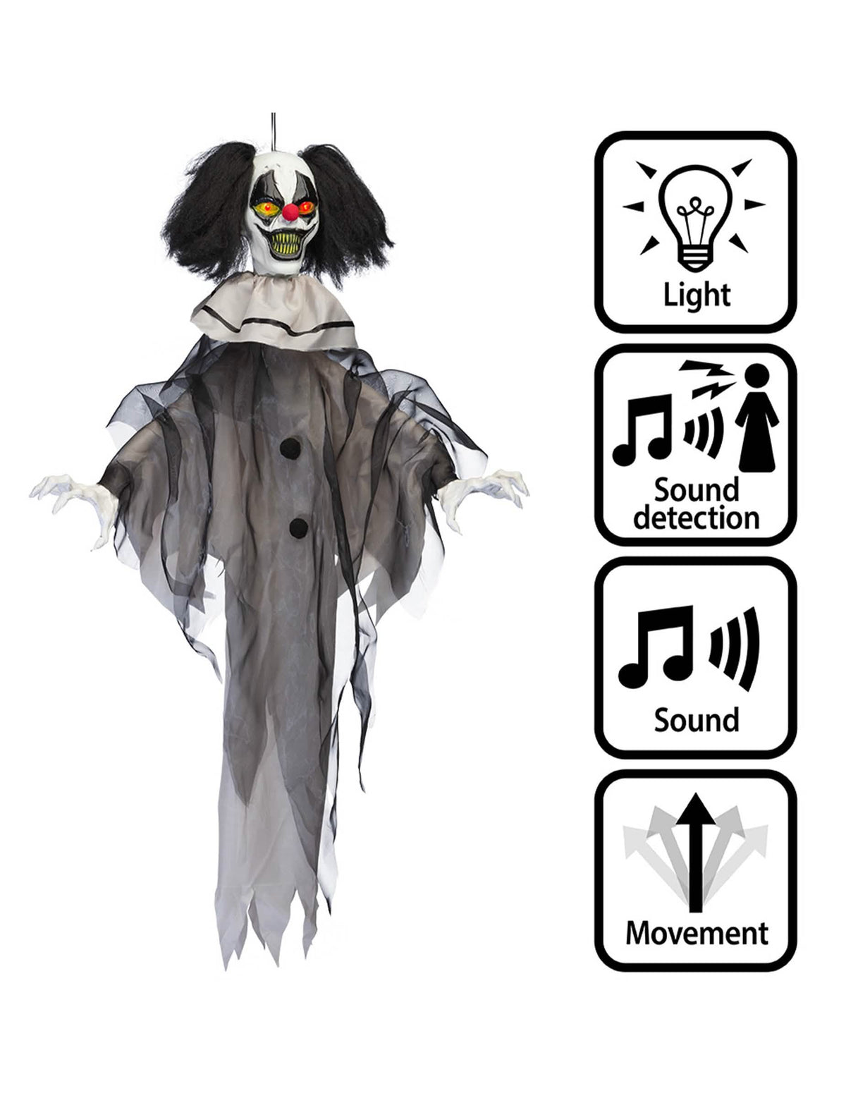 Décoration animée suspendue clown maléfique avec mouvements et sons 90 cm