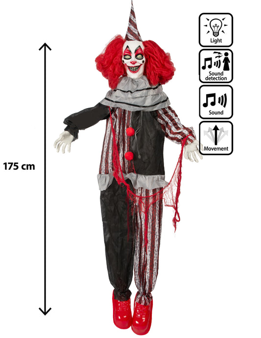 Geanimeerde hangende decoratie kwaadaardige clown met lach en beweging 175 cm
