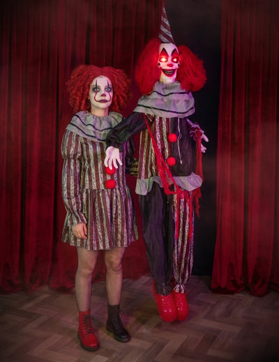 Geanimeerde hangende decoratie kwaadaardige clown met lach en beweging 175 cm