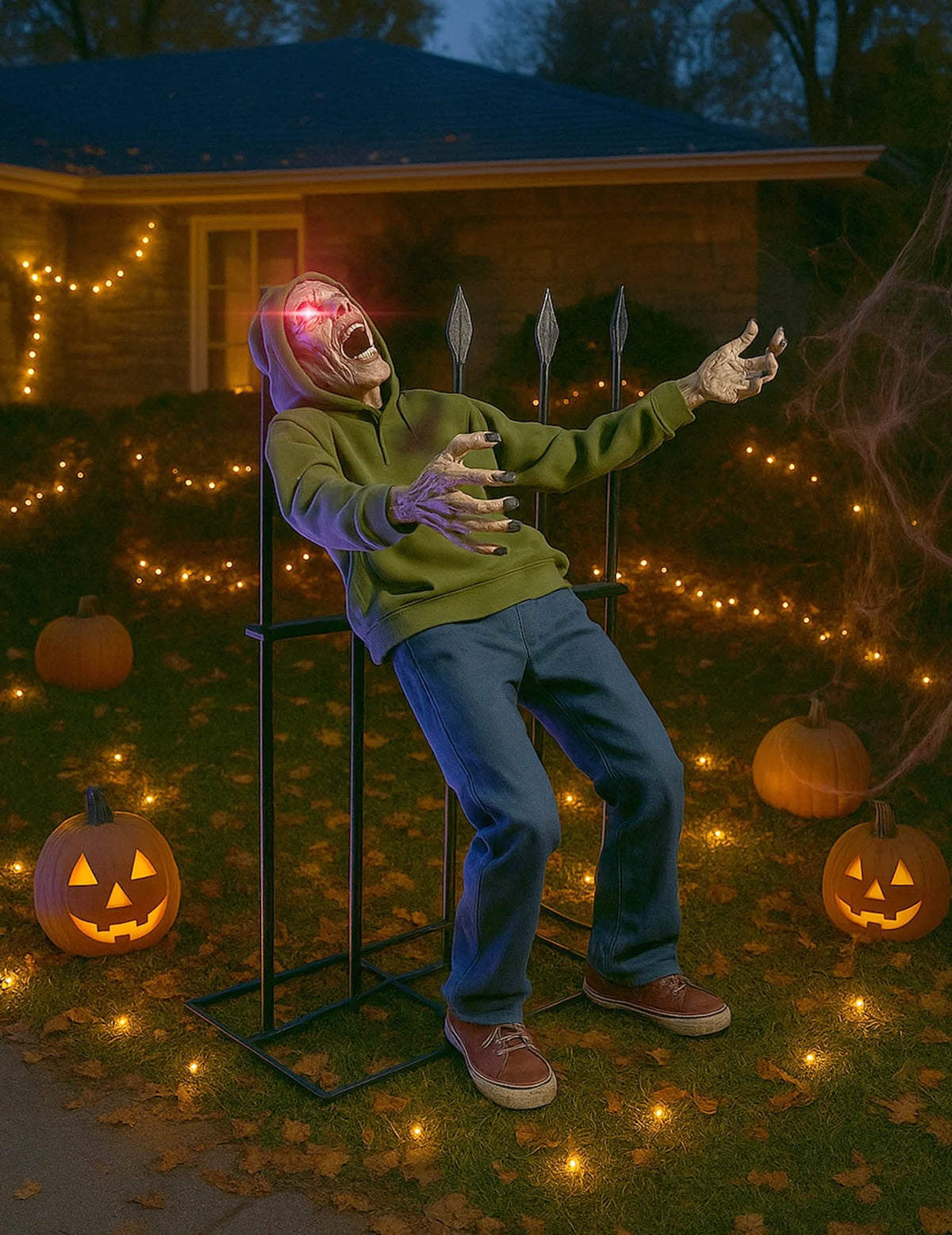 Décoration animée zombie empalé pour Halloween sonore et lumineux avec yeux rouges