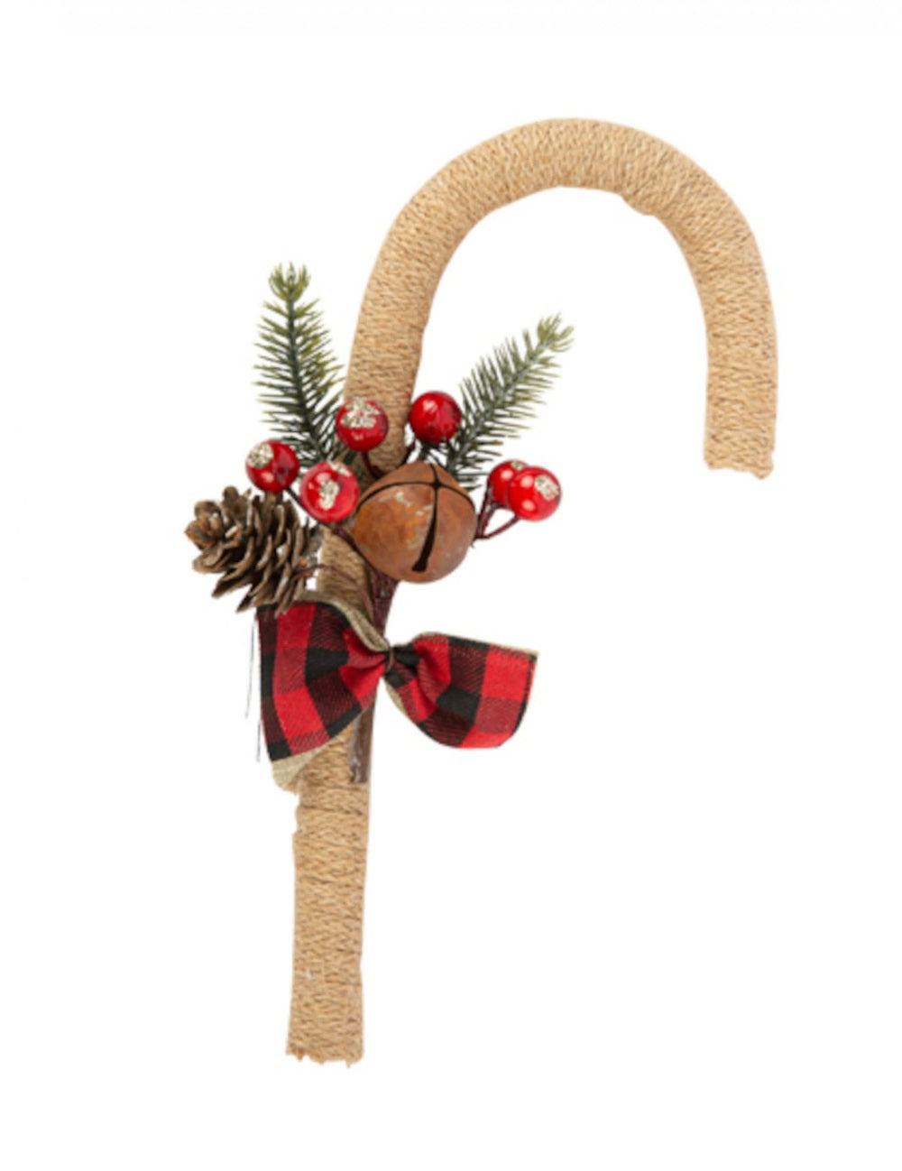 Décoration canne à sucre rustique pour Noël en jute avec nœud à carreaux rouges et noirs
