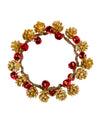 Décoration couronne pomme de pin et grelots pour fête bois torsadé dorée et rouge