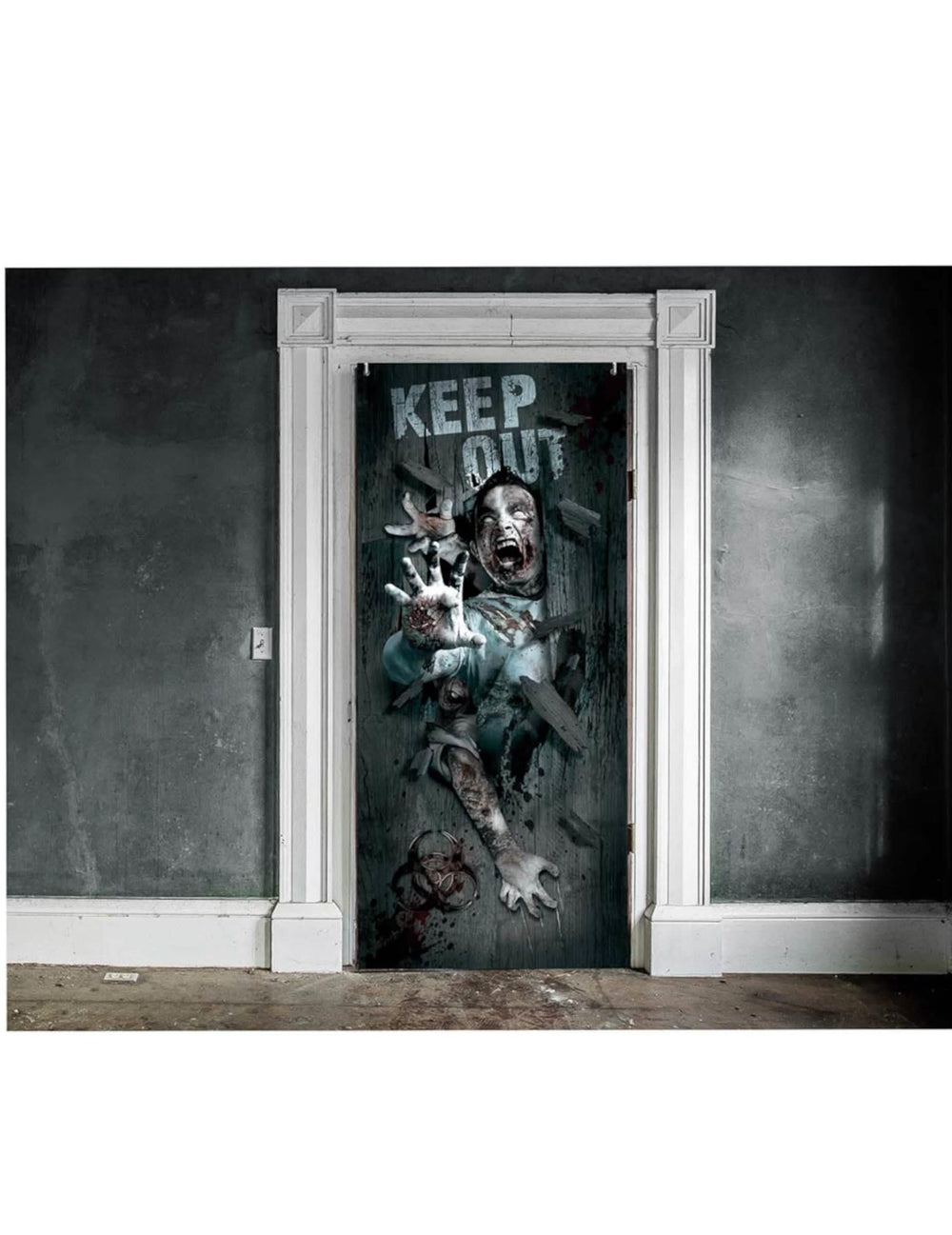 Décoration de porte Halloween zombie grise avec message Keep Out et mains ensanglantées
