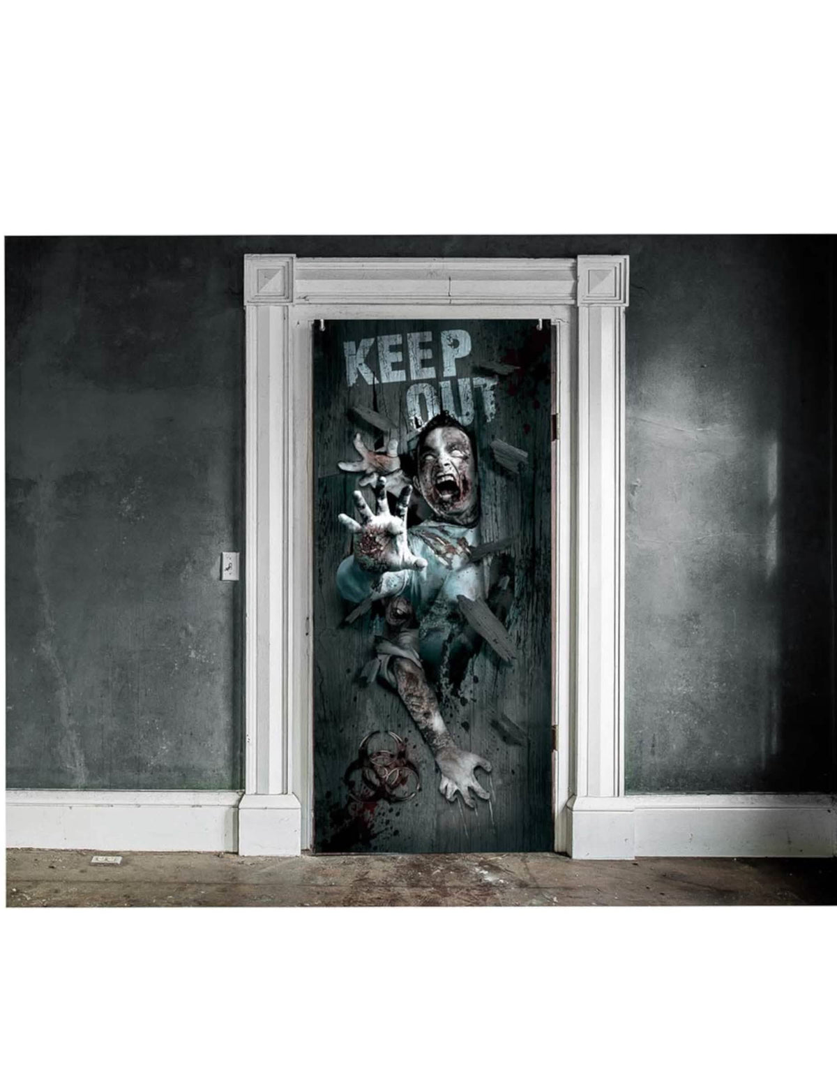 Décoration de porte Halloween zombie grise avec message Keep Out et mains ensanglantées