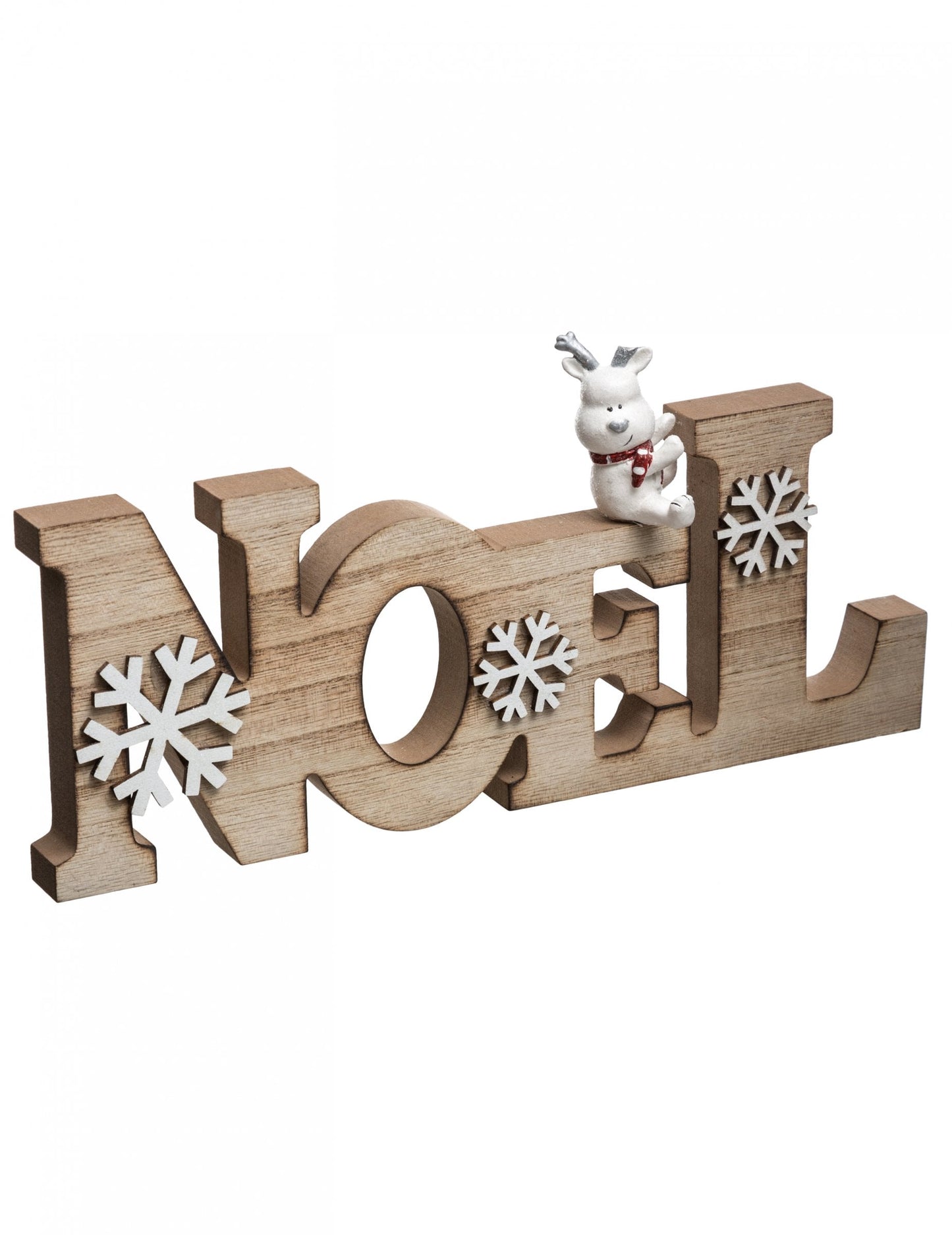Décoration en bois Noël avec renne pour la maison bois naturel et flocons blancs