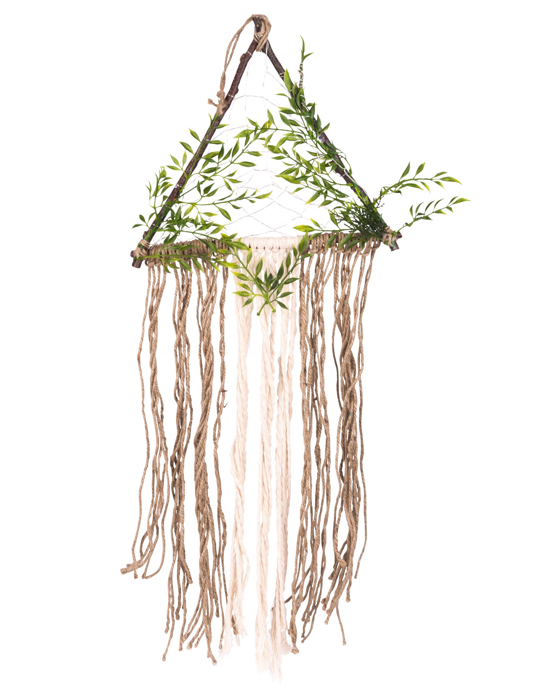 Décoration lumineuse végétale et jute beige et vert en forme de triangle
