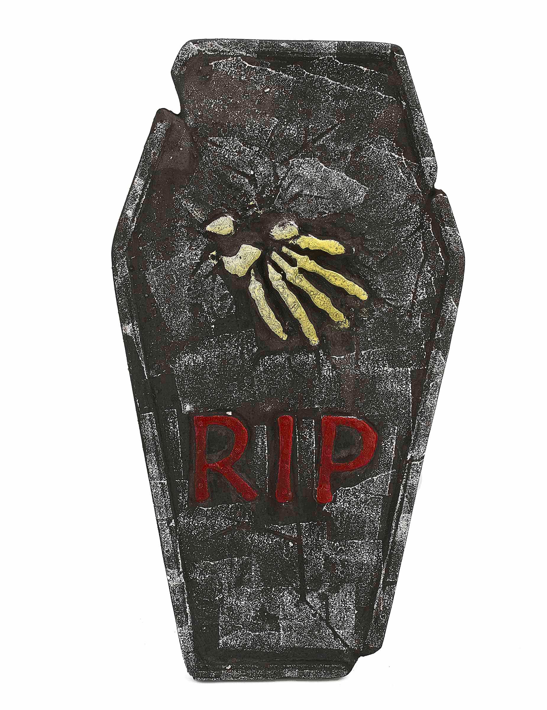 Décoration pierre tombale Halloween grise avec inscription RIP rouge et main de squelette
