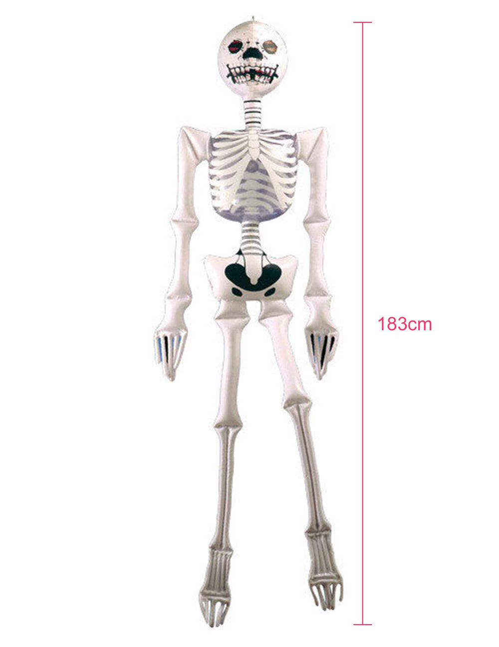 Overzicht met afmetingen van de opblaasbare skelettendecoratie voor halloween