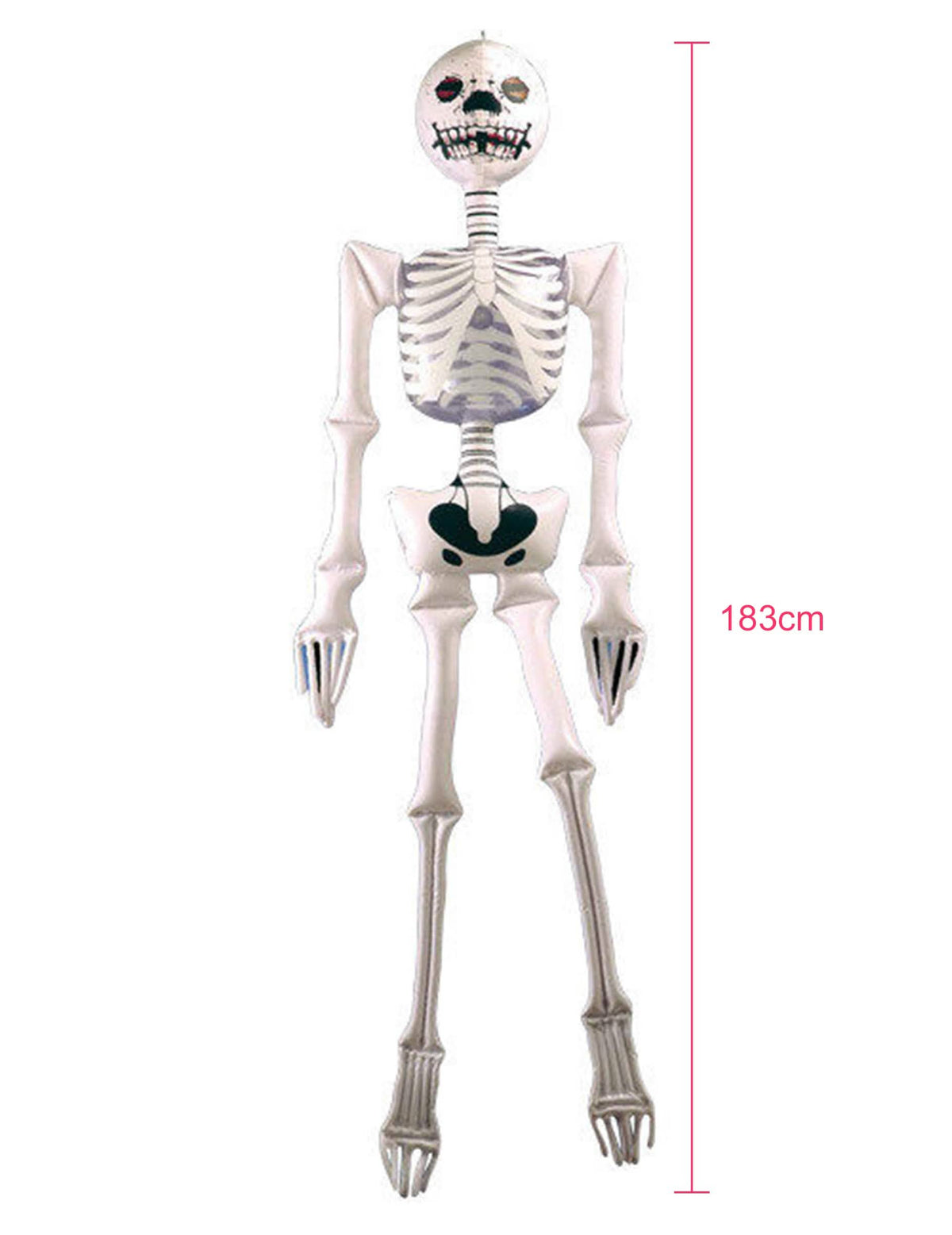 Overzicht met afmetingen van de opblaasbare skelettendecoratie voor halloween