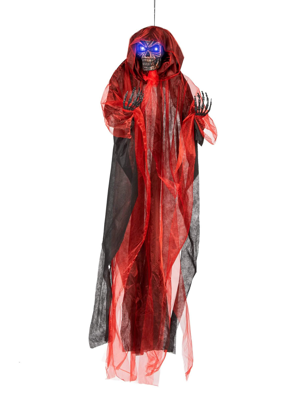 Décoration suspendue Démon pour Halloween rouge et noir avec yeux lumineux bleus