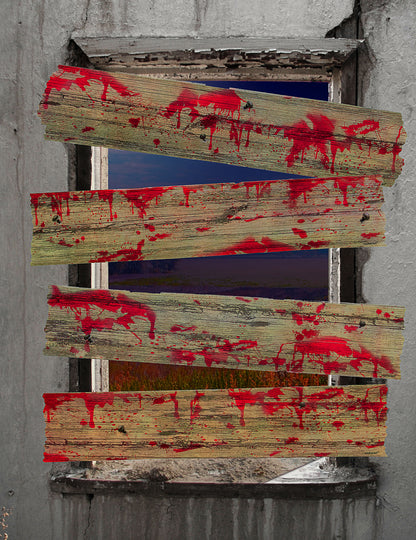 Mise en situation sur une fenêtre des décorations barricades de zombie