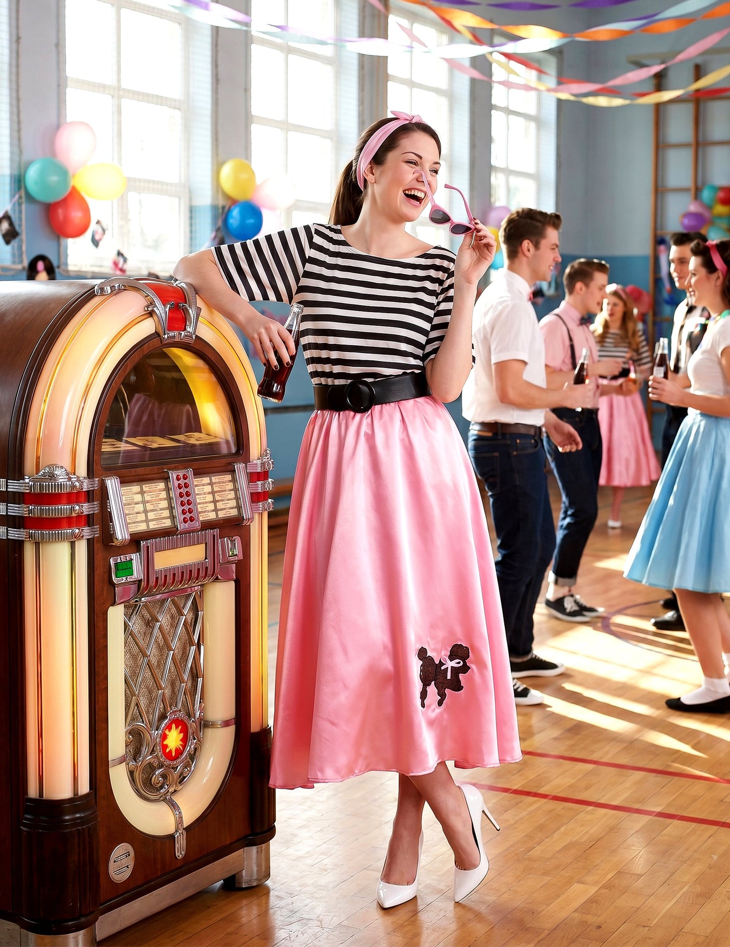 Jaren 50 roze retro kostuum voor vrouwen