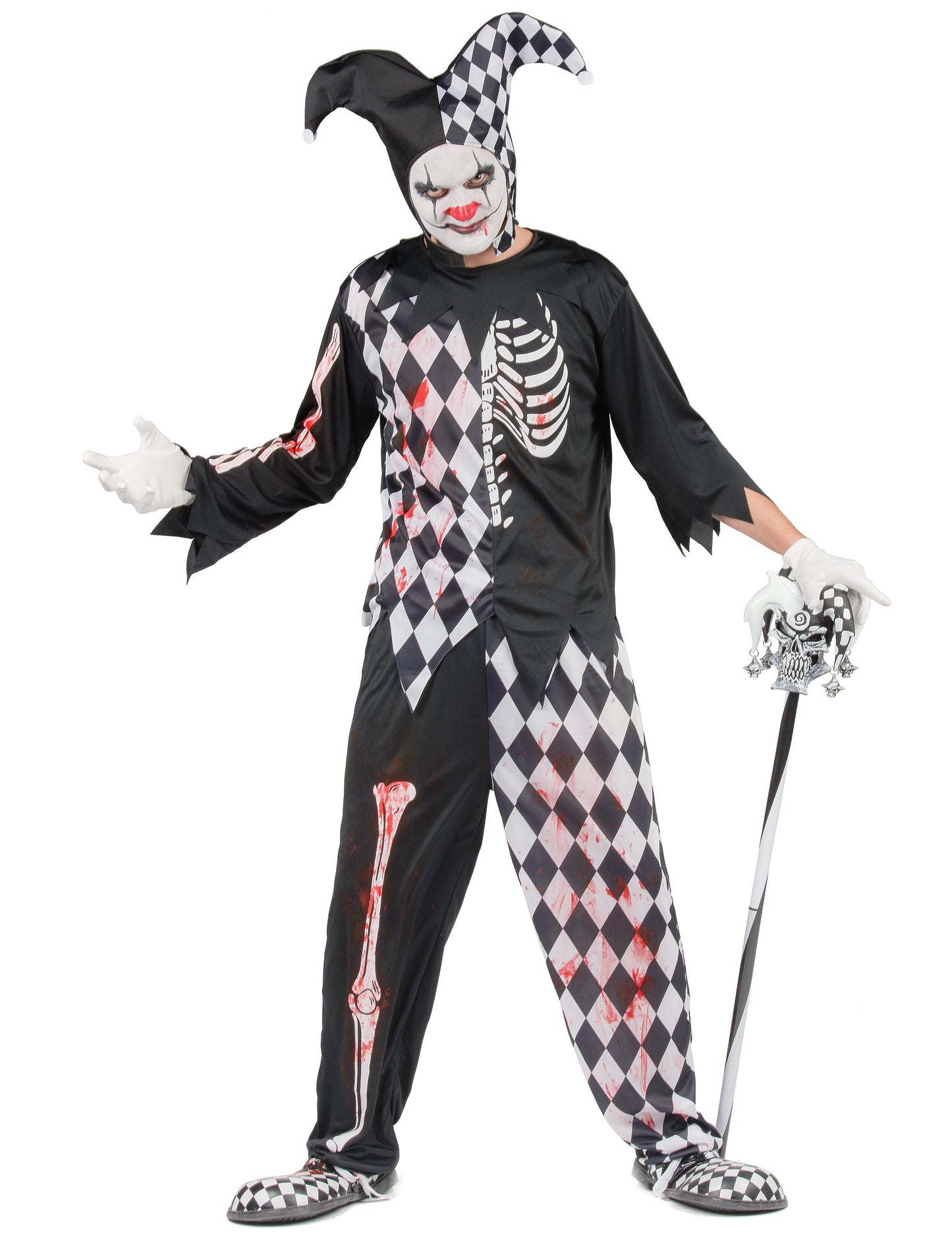 Déguisement arlequin ensanglanté pour homme noir et blanc avec motifs squelette